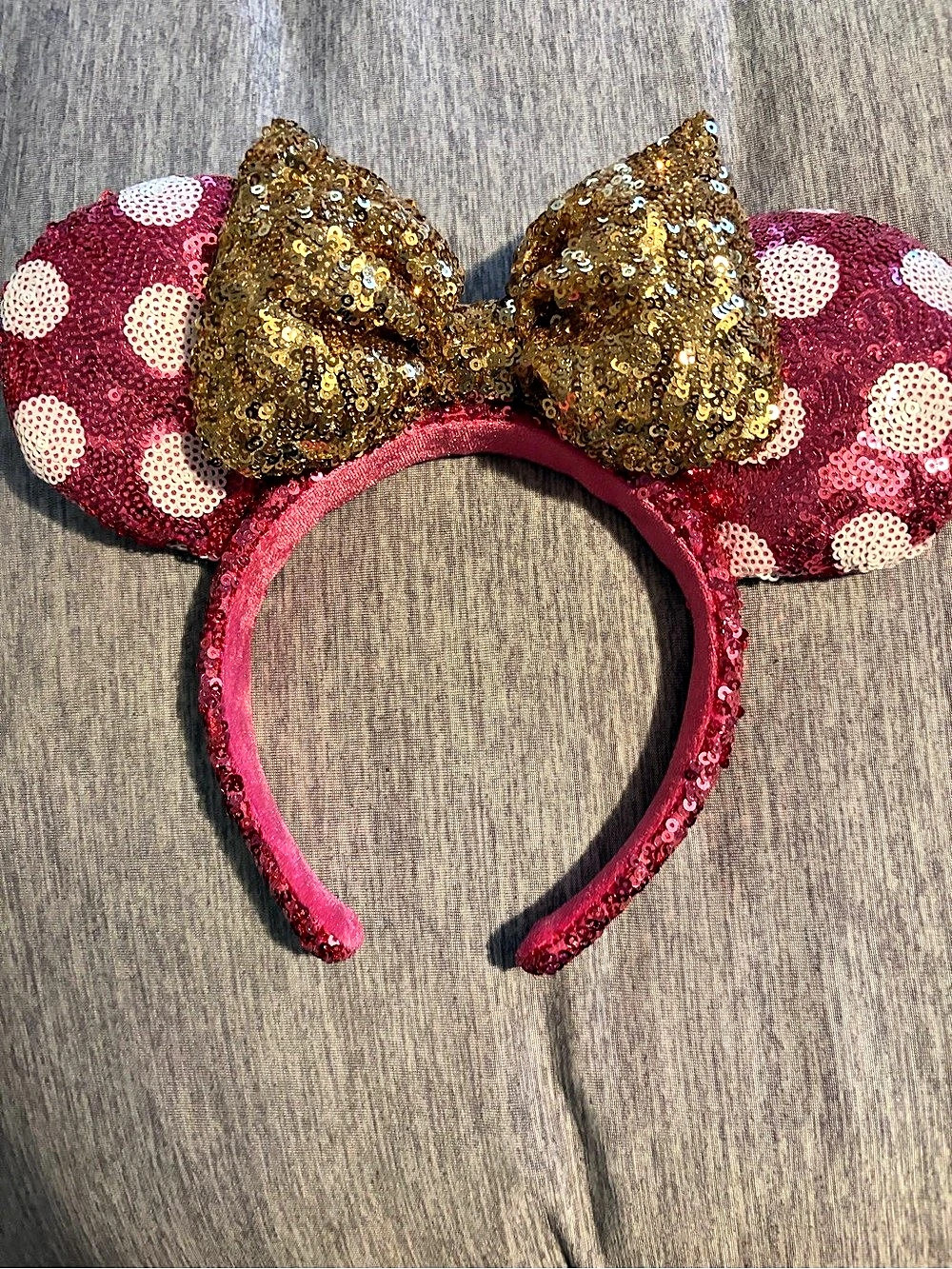 Disney Minnie Mouse Pink Polka Dot and Gold Sequin Bow Ear Headband Gold Sequin